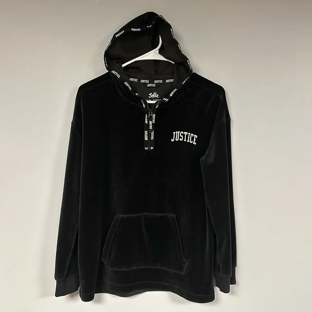 Justice Velvet velour Black Super Soft Hoodie Pullover size 14 / 16 girl EUC!